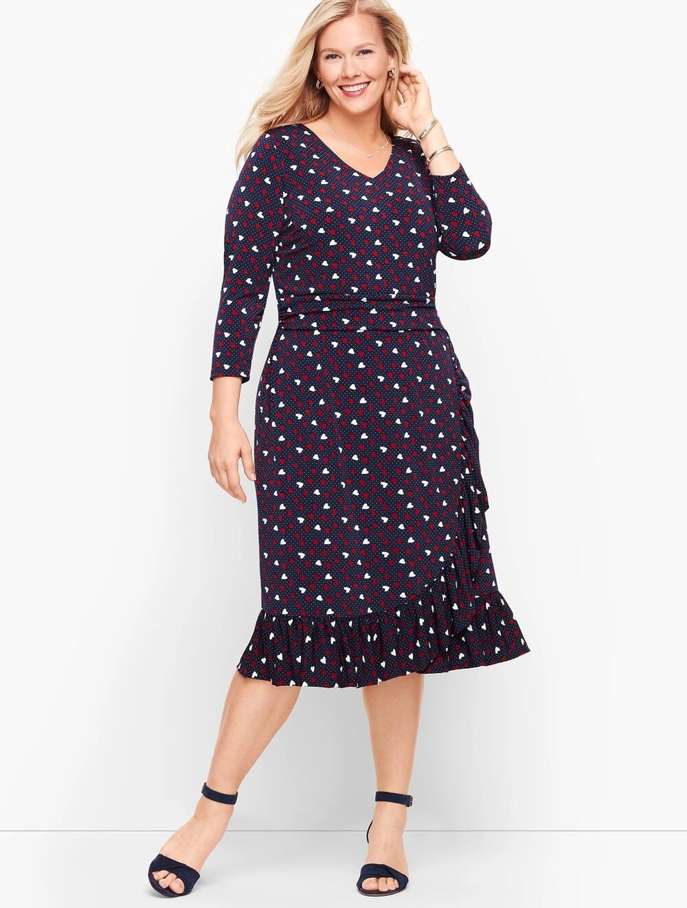 Talbots Plus Novelty Heart Print Jersey Dress Ruffle Hem Stretch Navy Women 20W